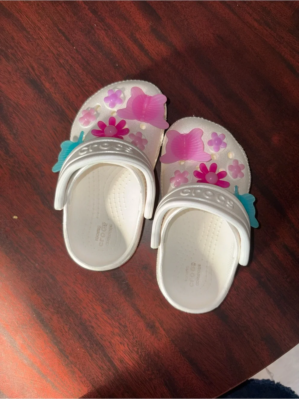 CROCS White Kids Clogs with Pink & Teal Flower Charms